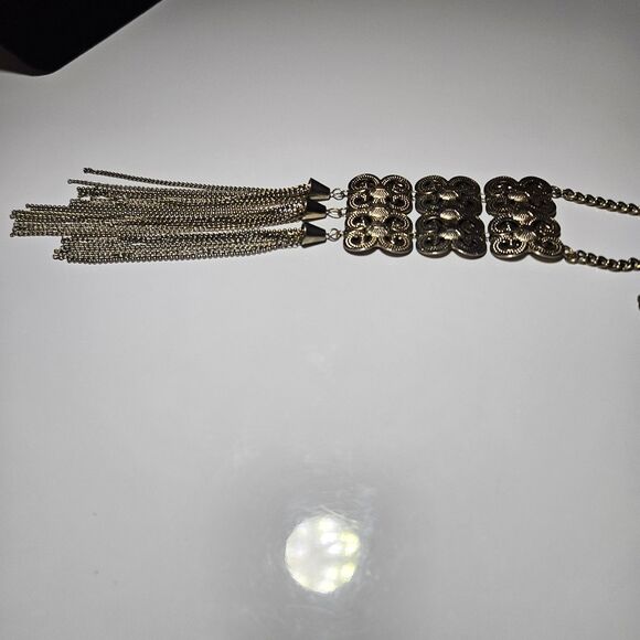 Large Gold Tone Tassel Articulated Statement Necklace 36" - Picture 12 of 15